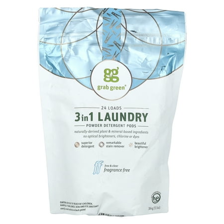 Grab Green 3-in-1 Laundry Detergent Pods, 24 Count, Fragrance Free, Plant and Mineral Based, Superior Cleaning Power, Stain Remover, Brightens Clothes