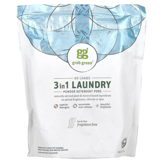 Grab Green 3-in-1 Laundry Detergent Pods, Stain Remover, Brightener, Fragrance Free, 60 Loads
