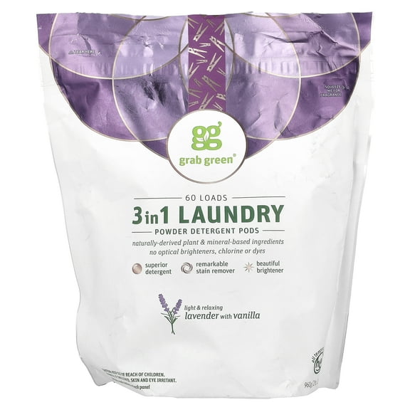 Grab Green 3-in-1 Laundry Detergent Pods, Stain Remover, Brightener, Lavender with Vanilla Scent, 60 Loads