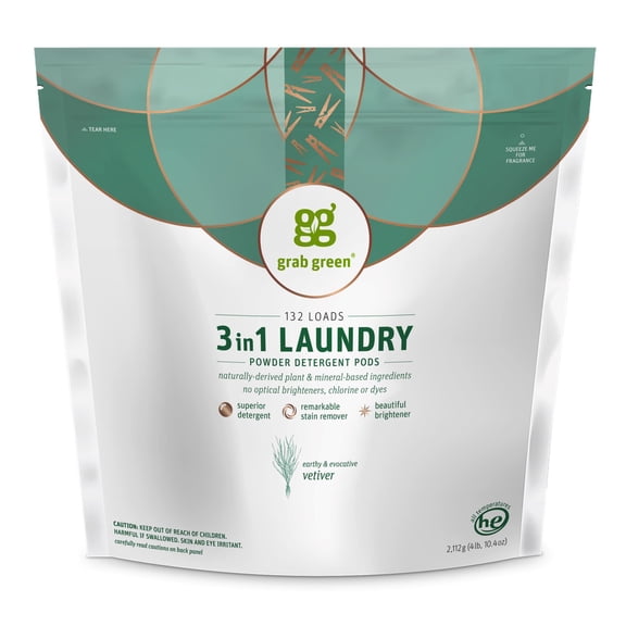 Grab Green 3-in-1 Laundry Detergent Pods, Vetiver Scent, Plant and Mineral Based, Superior Cleaning Power, Stain Remover, Brightens Clothes, White, 132 Count