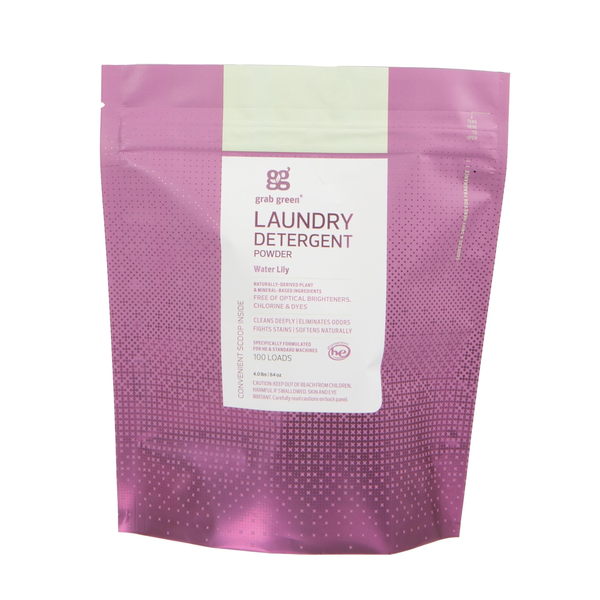 Grab Green 3-in-1 Laundry Detergent Powder, 4lbs -100 Loads, Water Lily ...