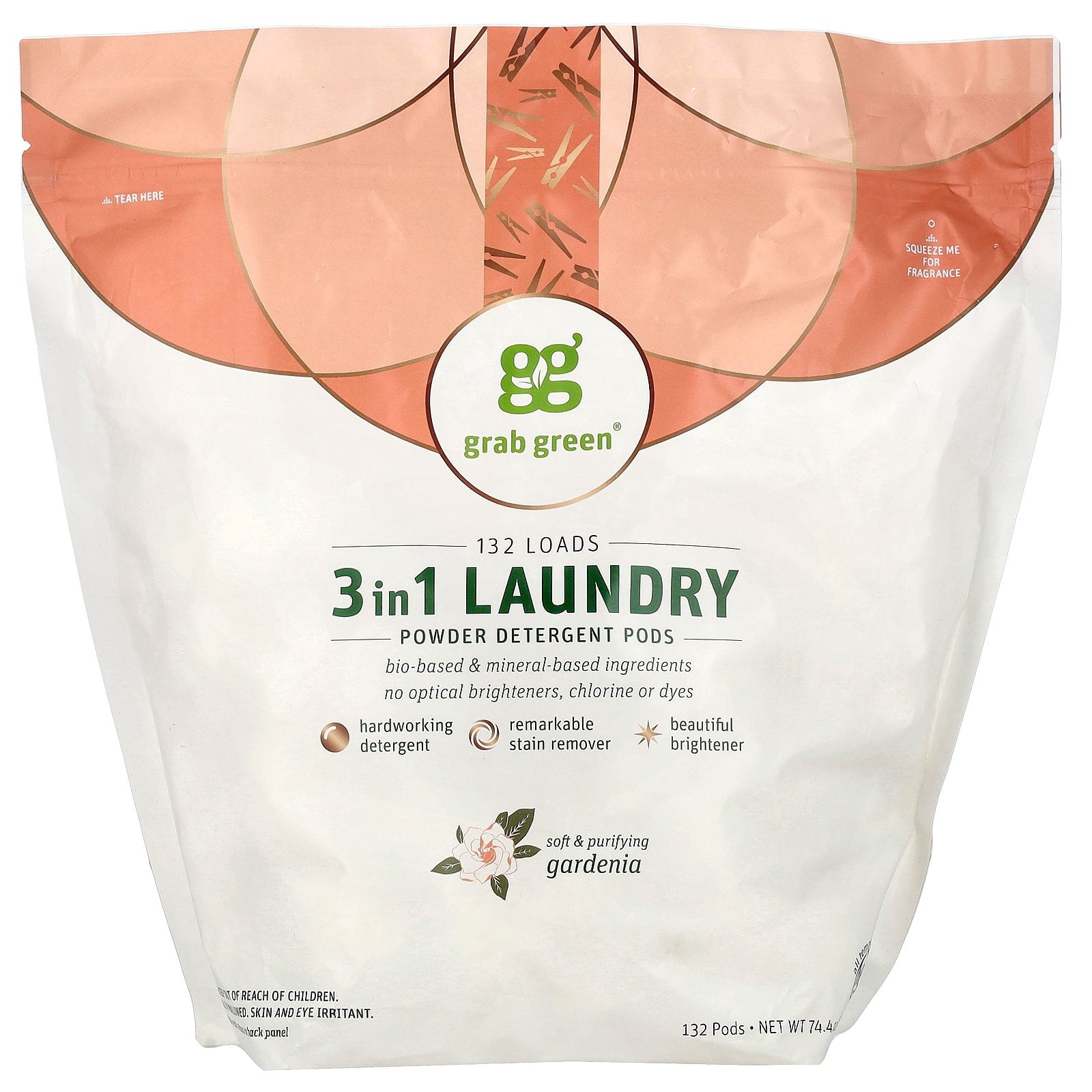 Grab Green 3 in 1 Laundry Powder Detergent Pods, Gardenia, 132 Loads ...