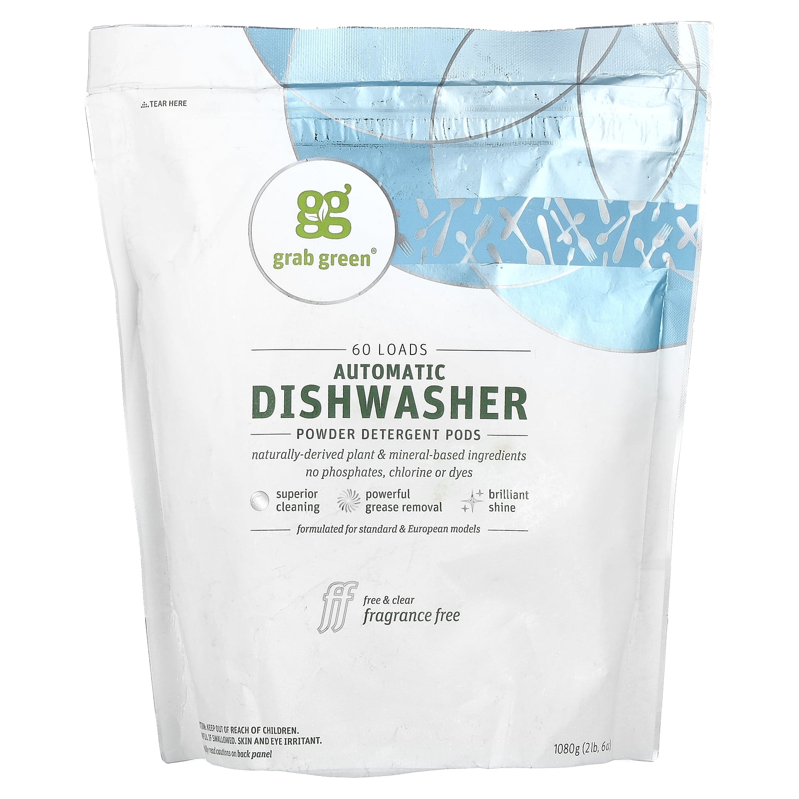 Grab Green Automatic Dishwashing Detergent Pods, 60 Count, Fragrance Free, Plant and Mineral Based, Superior Cleaning, Powerful Grease Removal, Brilliant Shine