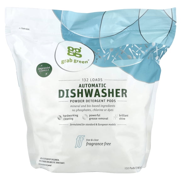 Grab Green Automatic Dishwashing Detergent Pods, Fragrance Free, Grease Removal, 132-Count