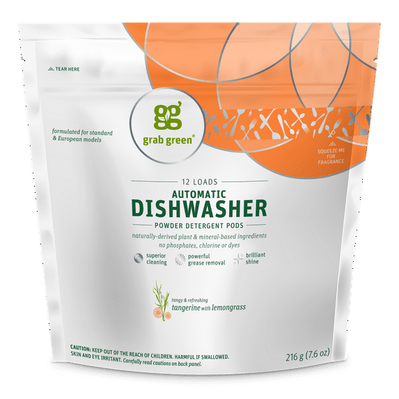 Grab Green Automatic Dishwashing Detergent Pods, Tangerine Lemongrass, Grease Removal, 12-Count