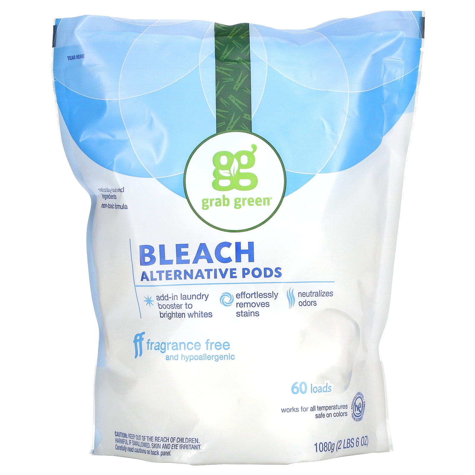 Grab Green Bleach Alternative Pods Fragrance Free, 60 Loads, 2 Pounds