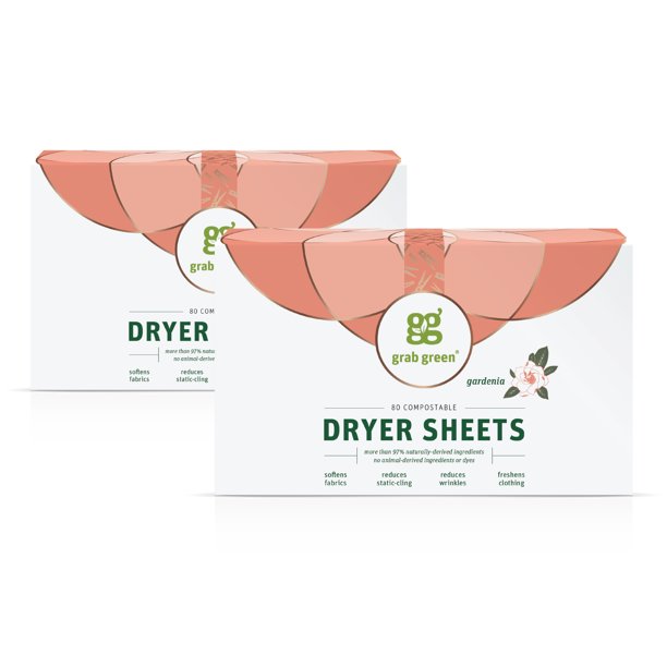 Grab Green Dryer Sheets, Gardenia Scent, 160 Compostable Sheets (2 pack
