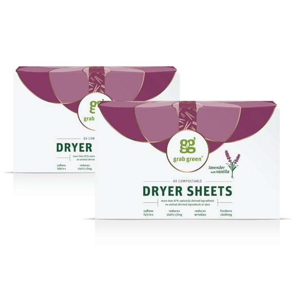 Grab Green Dryer Sheets, Lavender with Vanilla Scent, 160 Sheets (2 pack)