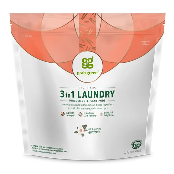 Grab Green Natural 3 in 1 Laundry Detergent Pods, Gardenia-with Essential Oils, 132 Loads, Organic Enzyme-Powered, Plant & Mineral-Based, White, 74.5Oz