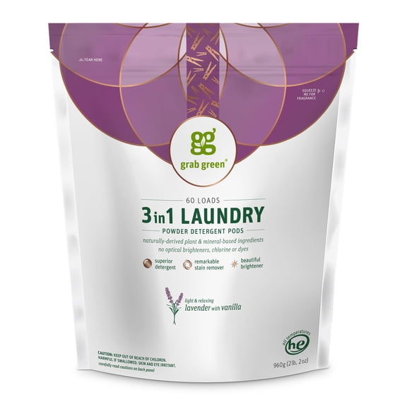Grab Green Natural 3 in 1 Laundry Detergent Pods, Lavender + Vanilla-with Essential Oils, Organic Enzyme-Powered, Plant & Mineral-Based, White, 34 Oz, 60 Count