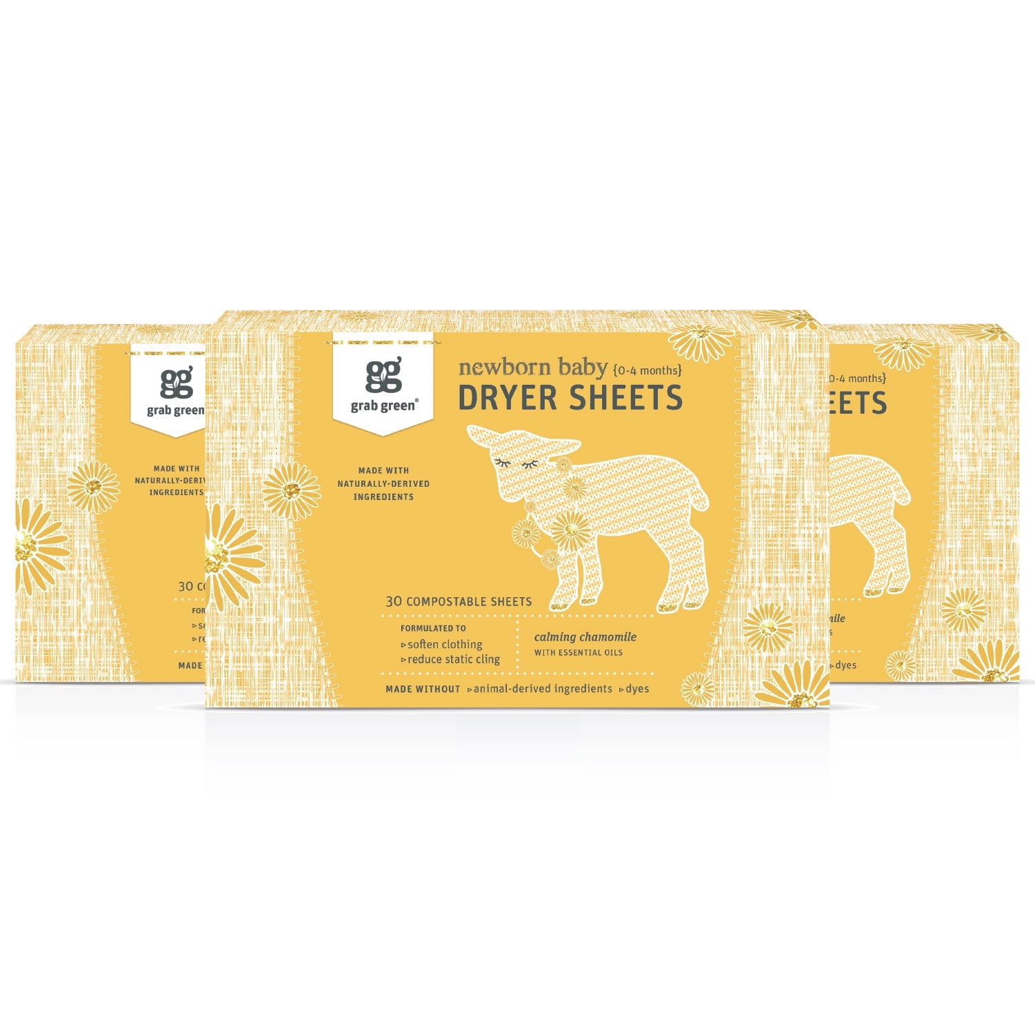 Grab Green Newborn Baby Dryer Sheets - Natural Scent Booster and Fabric Softener to Reduce Wrinkles and Static (Calming Chamomile