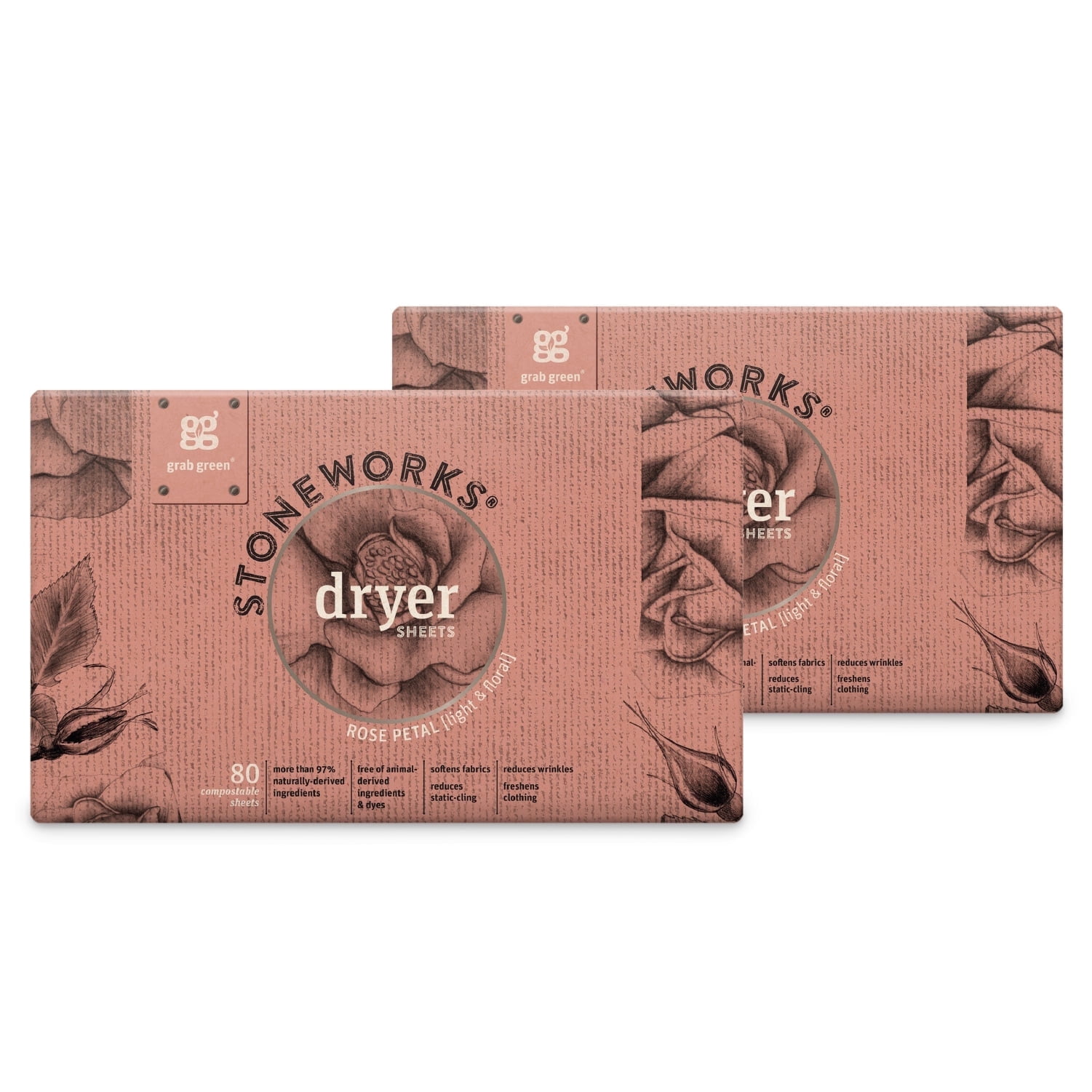 Grab Green Natural, Stoneworks Dryer Sheets, Rose Petal, 160 Sheets (2 pack)