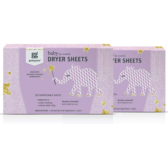 Grab Green Newborn Baby Dryer Sheets 80, Rosewood Scent, 2 Pack (160 Sheets Total)