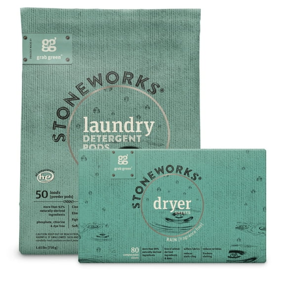 Grab Green Stoneworks Laundry Detergent Pods and Dryer Sheet Bundle, 50 Count Pods and 80 Dryer Sheets, Rain Scent (Fragrance Free), Plant and Mineral Based Laundry Care Set
