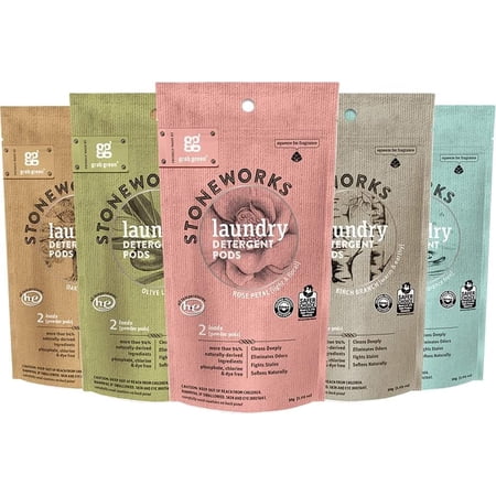 Grab Green Stoneworks Laundry Detergent Pods Sample Kit,, Birch Branch, Fragrance Free Rain, Oak Tree, Olive Leaf, Rose Petal Scents