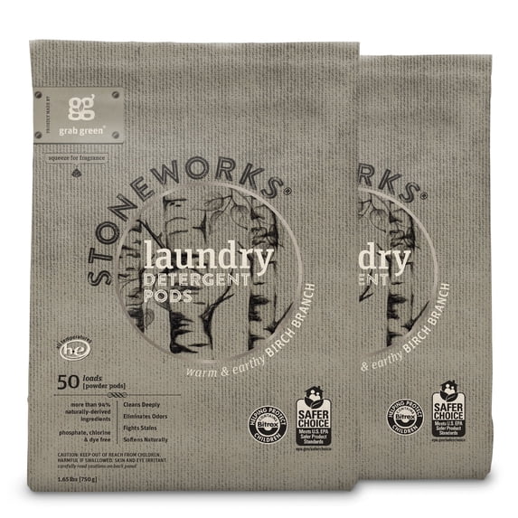 Grab Green Stoneworks Natural, Eco-Friendly Detergent Powder Pods, Birch Branch, 100 Loads (2 pack)