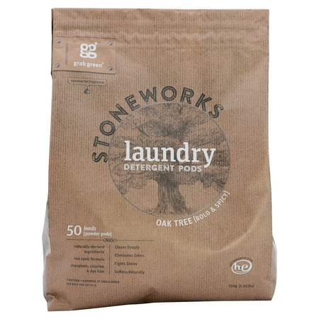 Grab Green Stoneworks Natural, Eco-Friendly Detergent Powder Pods, Oak Tree, 50 Loads