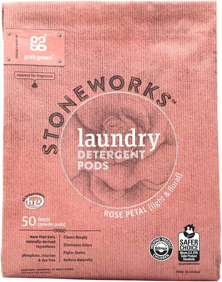 Grab Green Stoneworks Natural Laundry Detergent Powder Pods, Rose Petal