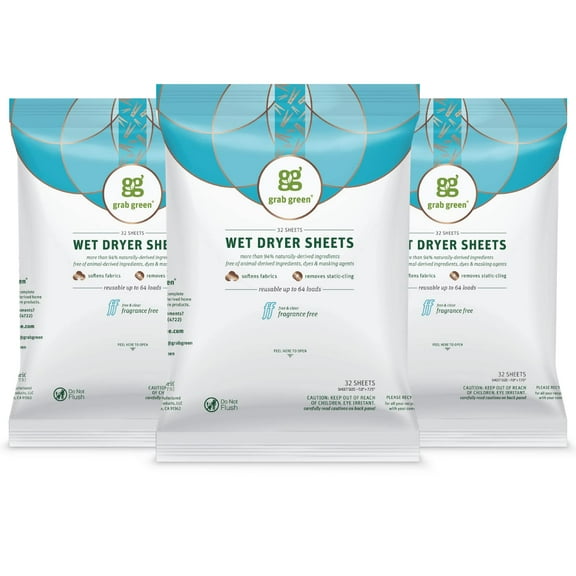Grab Green Wet Dryer Sheets, 96 Count, Fragrance Free, Plant Based, Softens Fabrics, Reduces Static Cling and Wrinkles