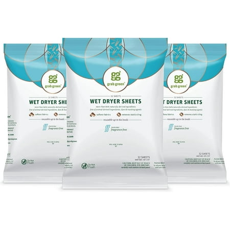 Grab Green Wet Dryer Sheets, 96 Sheets (192 Loads), Fragrance Free, Plant and Mineral Based, Reusable and Compostable, Softens Clothes, Removes Static Cling