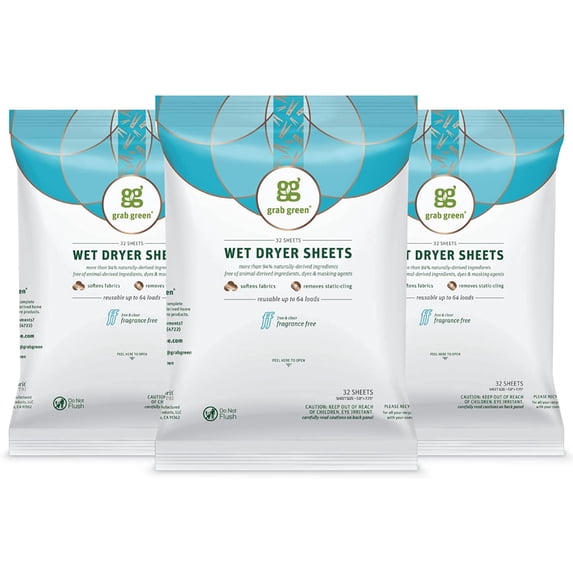 Grab Green Wet Dryer Sheets, 96 Sheets (192 Loads), Fragrance Free, Plant and Mineral Based, Reusable and Compostable, Softens Clothes, Removes Static Cling