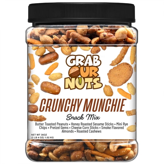 Grab Our Nuts Crunchy Munchie Snack Mix 36 Ounce Jar: Butter Toasted Peanuts, Honey Roasted Sesame Sticks, Mini Rye Chips, Pretzel Gems, Cheese Corn Sticks, Smoke Flavored Almonds, Roasted Cashews
