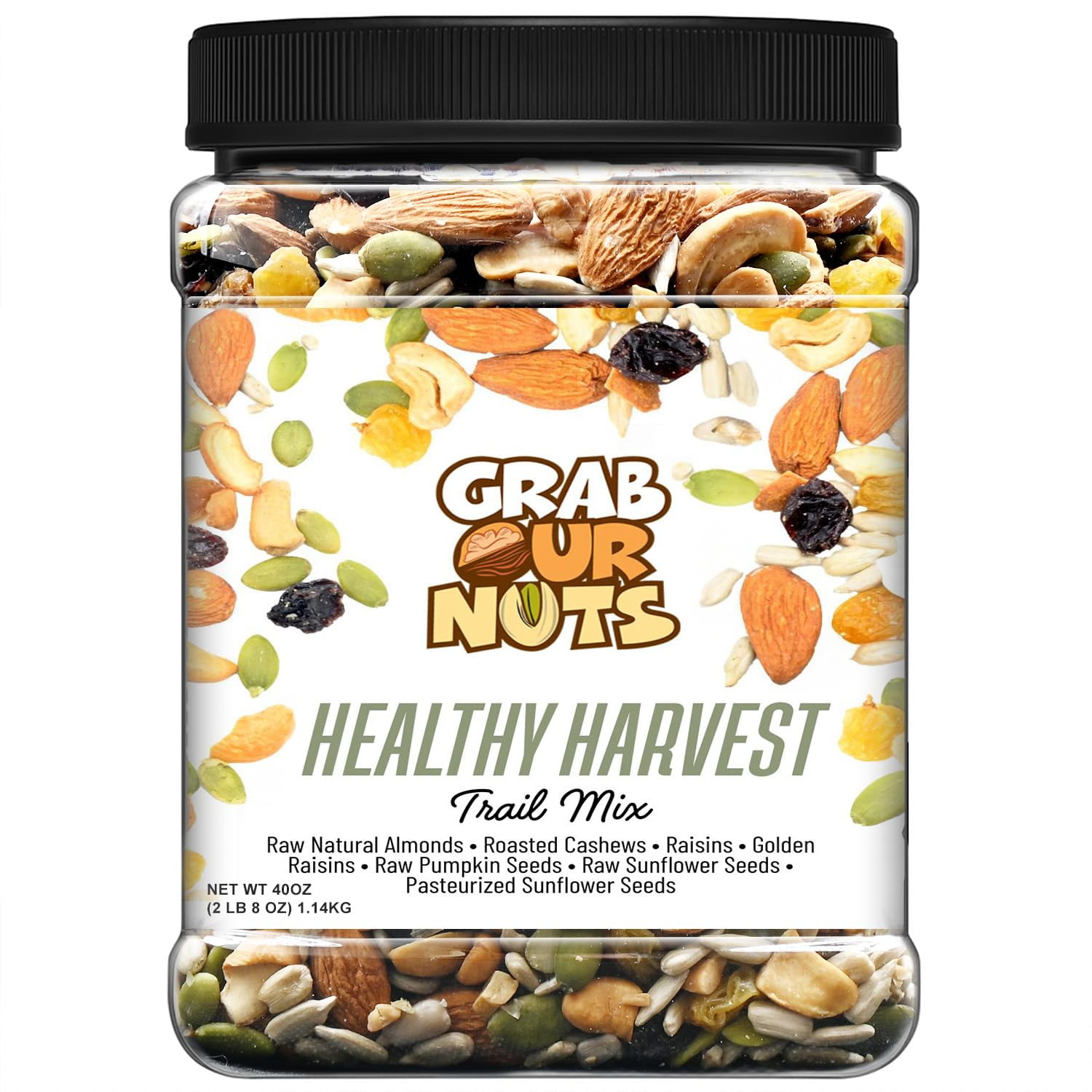 Grab Our Nuts Healthy Harvest Trail Mix 40 Ounce Jar: Raw Natural Almonds, Roasted Cashews, Raisins, Golden Raisins, Raw Pumpkin Seeds, Raw Sunflower Seeds, Pasteurized Sunflower Seeds