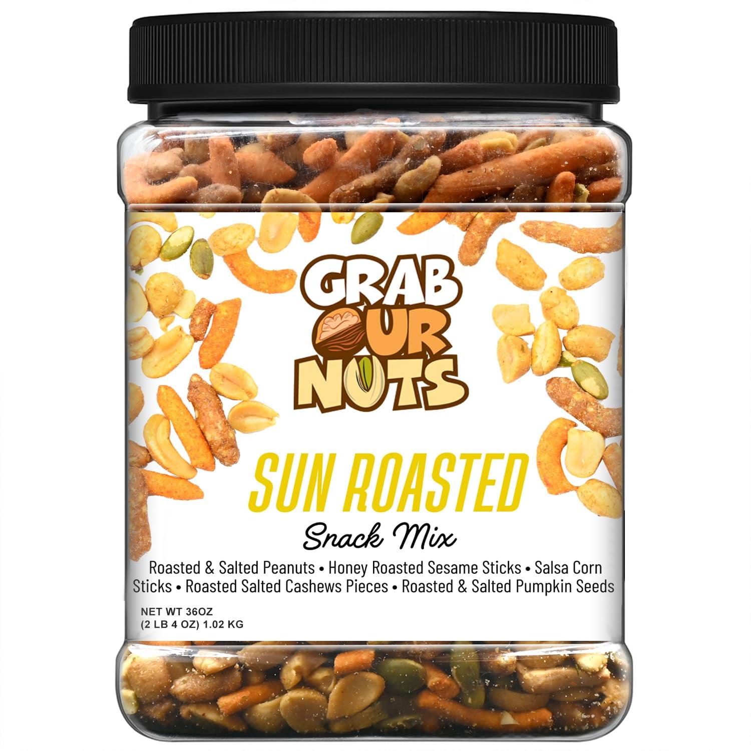 Grab Our Nuts Sun Roasted Snack Mix 36 Ounce Jar: Peanuts, Honey Roasted Sesame Sticks, Salsa Corn Sticks, Roasted Cashew Pieces, Roasted & Salted Pumpkin Seeds