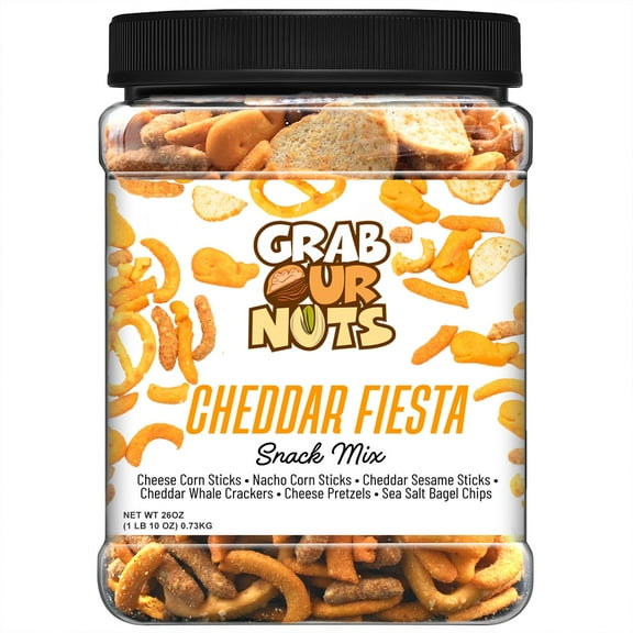 Grab Our Nuts Cheddar Fiesta Snack Mix 26 Ounce Jar: Nacho Corn Sticks, Cheddar Sesame Sticks, Whale Crackers, Cheese Pretzels, Sea Salt Bagel Chips