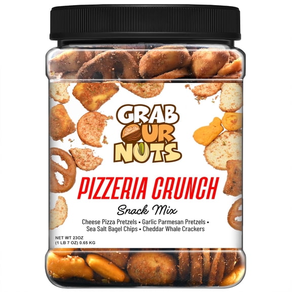 Grab Our Nuts Pizzeria Crunch Snack Mix 23 Ounce Jar: Cheese Pizza Pretzels, Garlic Parmesan Pretzels, Sea Salt Bagel Chips, Cheddar Whale Crackers