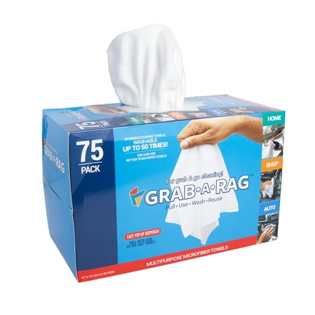 Grab-a-Rag Multi-Use Microfiber Cleaning Towel Dispenser Box, Reusable Wash Rags, 75 Pack, 12" x 12", White