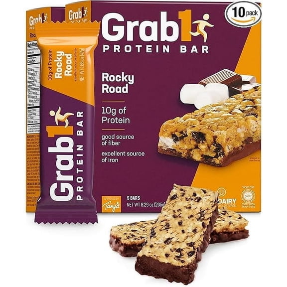 Grab1 Rocky Road Protein Bars | 10 Grams Protein (2 Pack - 10 Bars) Controls Hunger | Certified Kosher | Low Calorie | Perfect for Snacking | Meal Replacement