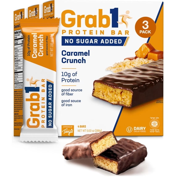 Grab1 Sugar Free Protein Bars, Caramel Crunch (3 Pack- 12 Bars) | Delicious and Nutritious | Low Calorie | Only 1g Sugar