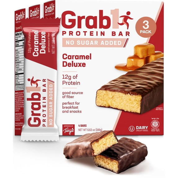 Grab1 Sugar Free Protein Bars, Caramel Deluxe (3 Pack- 12 Bars) | Delicious and Nutritious | Low Calorie | Only 1g Sugar