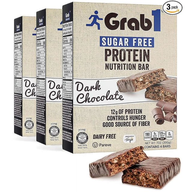 Grab1 Sugar Free Protein Bars, Dairy Free Dark Chocolate (3 Pack = 12
