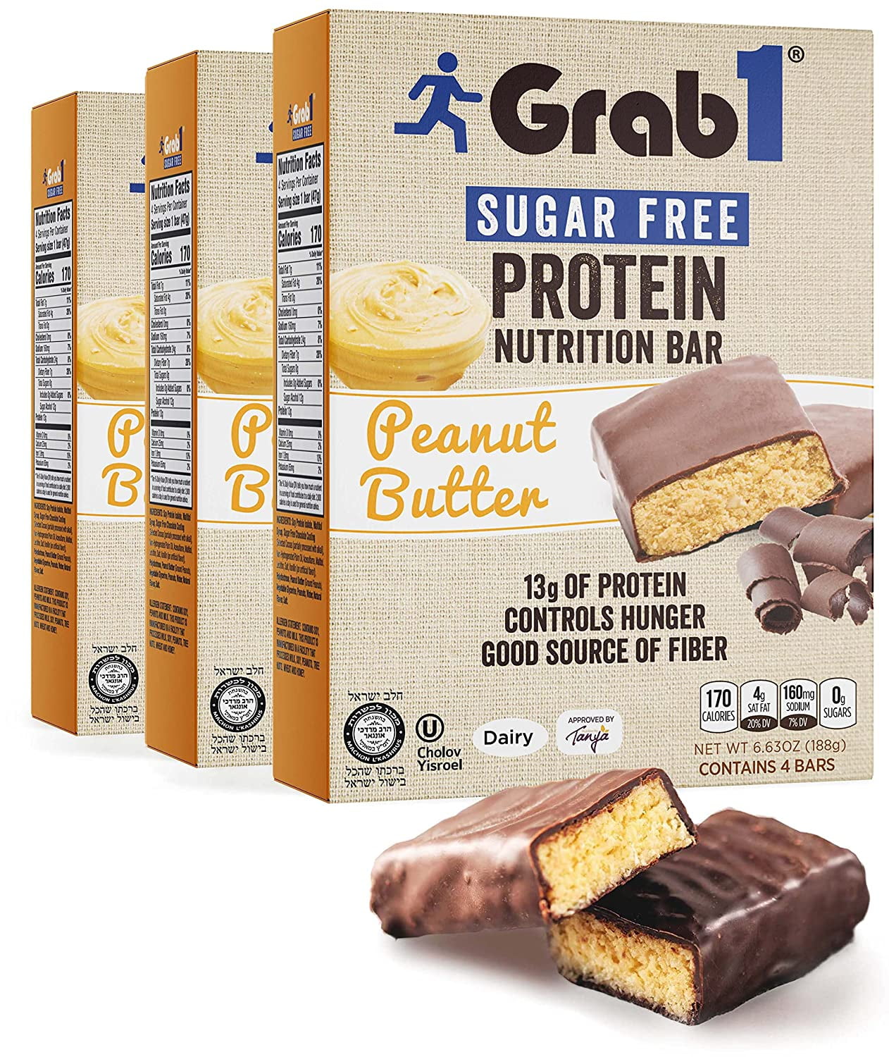 Grab1 Sugar Free Protein Bars, Peanut Butter (3 Pack 12 Bars) 7g