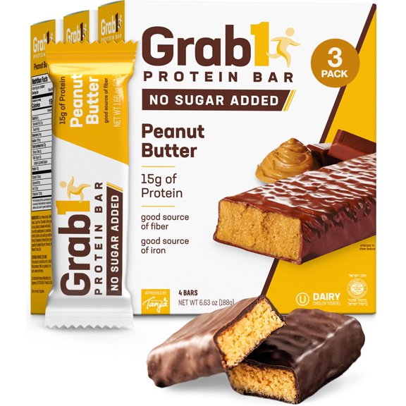 Grab1 Sugar Free Protein Bars, Peanut Butter (3 Pack- 12 Bars) | 7g Fiber | Delicious and Nutritious | Low Calorie | Zero Sugar
