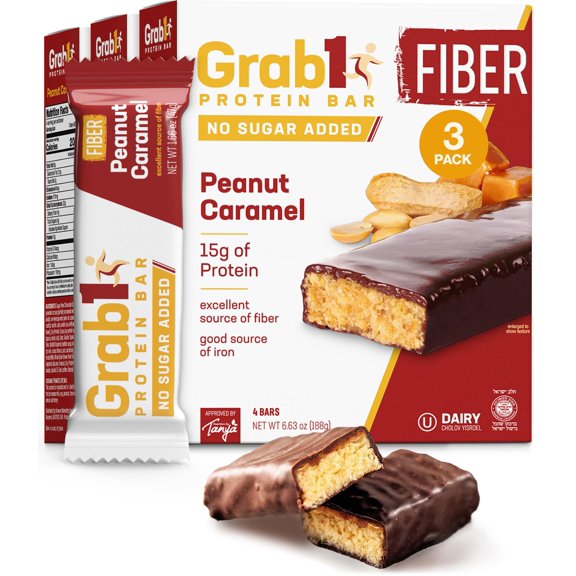 Grab1 Sugar Free Protein Bars, Peanut Caramel (3 Pack- 12 Bars) | Delicious and Nutritious | Low Calorie | Only 2g Sugar