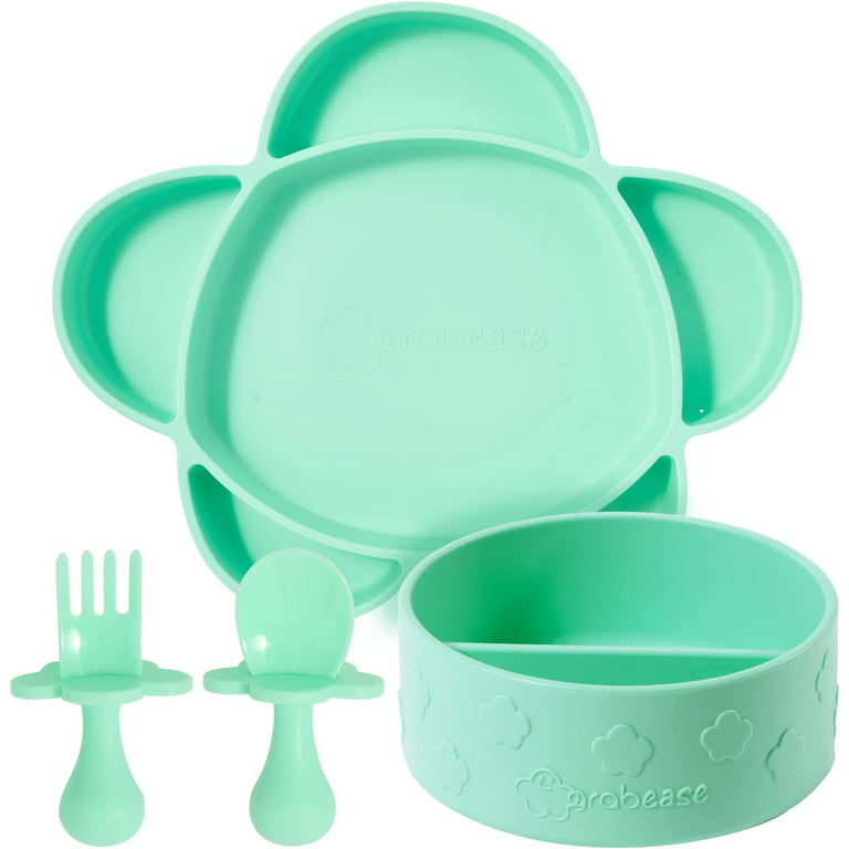 Grabease 4-Piece Stay-Put Table Set for Babies & Toddlers 6 Months & Up:  Silicone Section Plate & Divided Bowl with Suction Bottoms Plus Self-Feeding  Spoon & Fork; BPA-Free, Dishwasher Safe (Mint) 