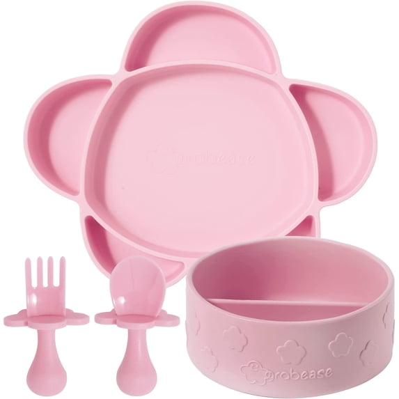 Grabease Baby Essentials Must-Haves - Complete Feeding Set for Baby-Led Weaning and Portion Control - Suction Bottoms 4 Piece Set, BPA and Phthalates-Free, Blush