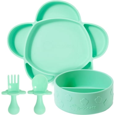 Grabease Baby Plates and Bowls Set - Essential Baby-Led Weaning Supplies for Portion Control and Self-Feeding - Suction Bottoms 4 Piece Set, BPA and Phthalates-Free, Mint