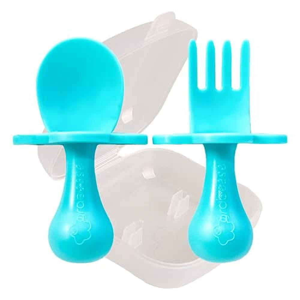 Mars Baby Flower Design Baby and Toddler Self-Feeding Training Utensils -  Easy to Hold and Use Led Weaning, Protective Choke Barrier - Blue