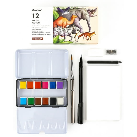 Grabie Travel Watercolor Paint Set, Watercolor Paints, 12 Colors, Painting Set, Deluxe Travel Set, Art Supplies for Painting, Great Watercolor Set for Artists, Amateur Hobbyists and Painting