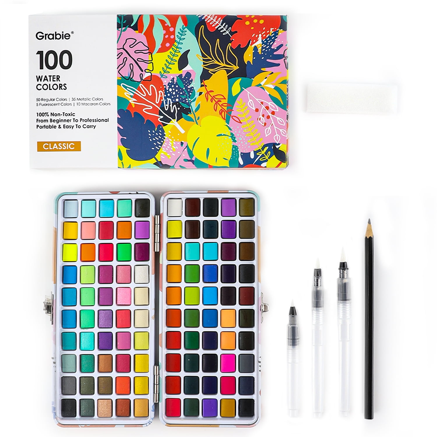 Grabie Watercolor Paint Set, 100 Colors Painting with Water Brush Pens and  Drawing Pencil, Great for Kids and Adults, Art Supplies, Perfect Starter