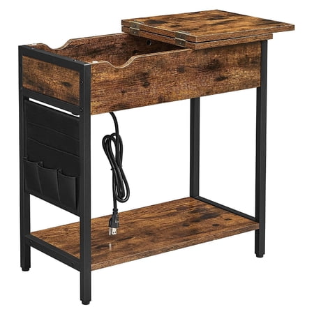 Grace 24 Inch Side End Table, Flip Wood Top, 4 USB Ports, Rustic Brown- Saltoro Sherpi