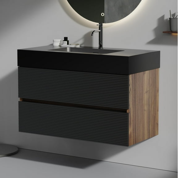 CITTANEO 36" Wall-Mounted Walnut Vanity, Matt Black Quartz Sink & Drawers, Modern KD Design