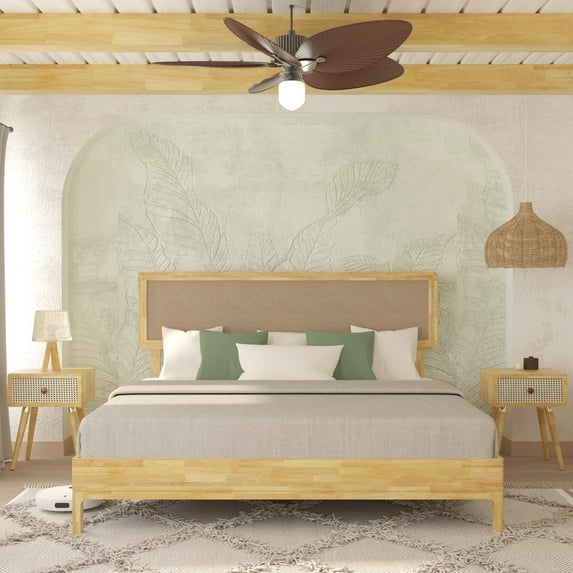 Grace 47" King Size Platform Bed Frame with Adjustable Headboard, Bohemian, Solid Wood, Natural