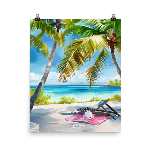 Grace Bay Beach Print, Tropical Caribbean Wall Art, Turks And Caicos Poster, Seaside Paradise Decor, Coastal Island Ocean Artwork Home Decor UNFRAMED Poster, Wall Art for Decor, Present, 8x12