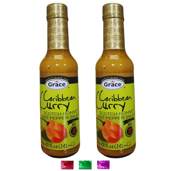 Grace Caribbean Curry Scotch Bonnet Hot Pepper Sauce 4.8 Fl Oz 2 Pack, Authentic Jamaican Spicy Curry Hot Sauce for Cooking and Marinade with Snoep in Beperkte Oplage