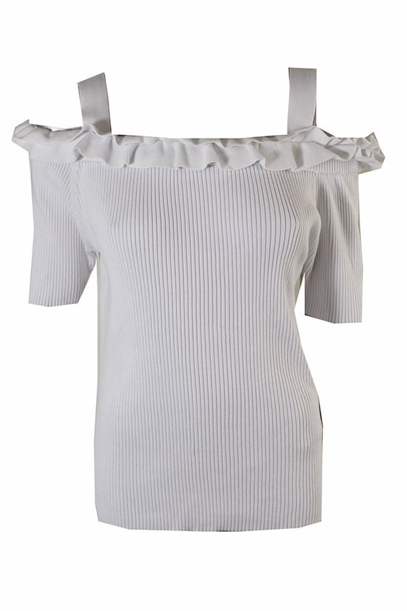 Womens Bright White Ribbed Ruffled Cold-Shoulder Pullover S